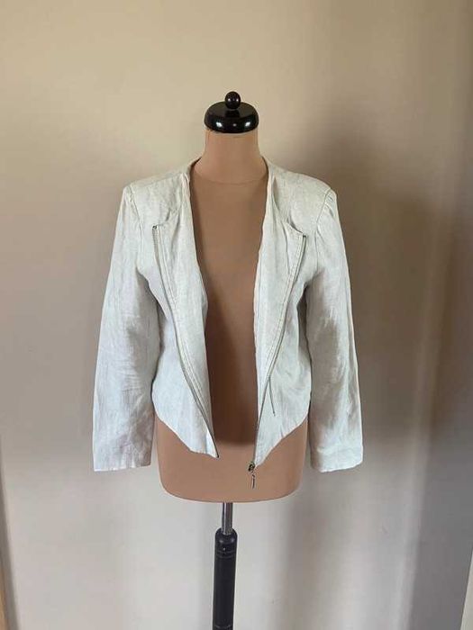 Len linien żakiet marynarka blazer ramoneska krem ecru xxl +size
