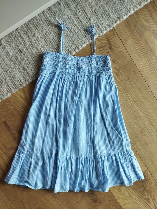 128cm błękitna sukienka w paski, letnia sukienka na ramiączkach