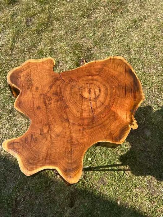 Stolik kawowy z litego drewna – plaster (live edge), nogi metalowe