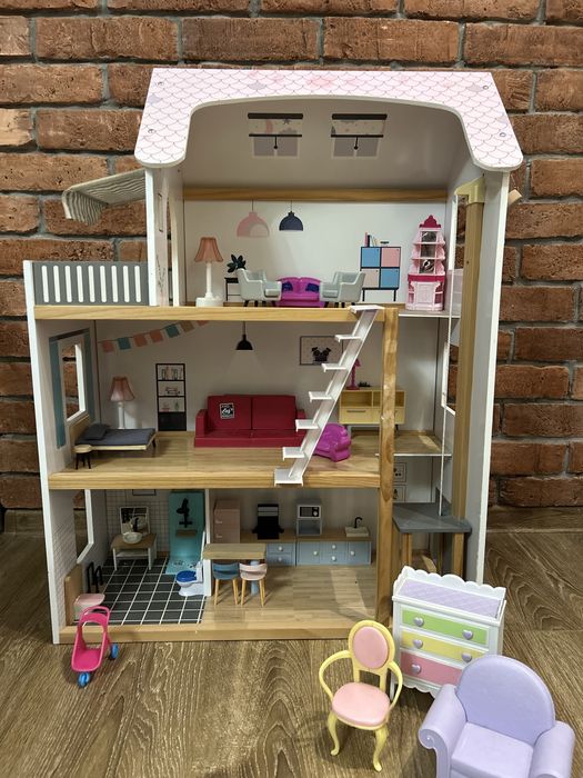 Domek dla lalek duży meble akcesoria kuchnia salon winda gratis
