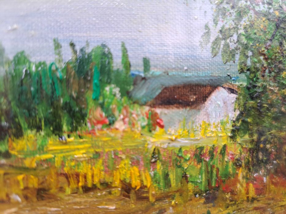 Obraz olejny na płótnie pejzaż domy drzewa Arnaldo Bottai Włochy