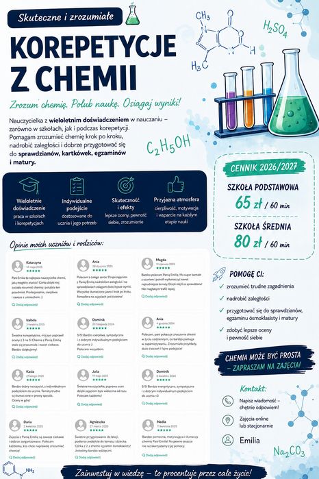 Korepetycje z chemii z doświadczoną nauczycielką!