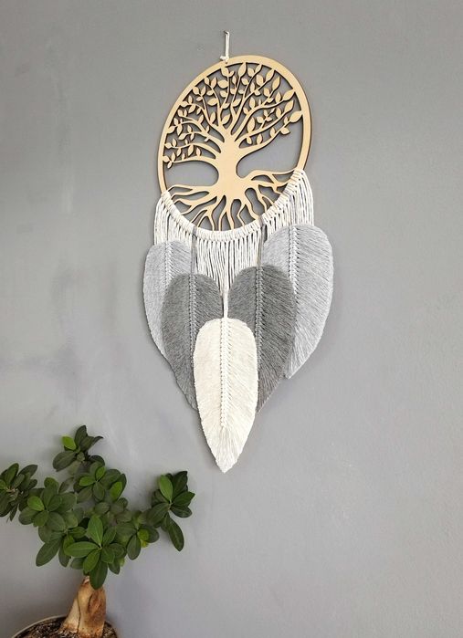 Łapacz snów drzewo życia Makrama drzewo szczęścia szary BOHO