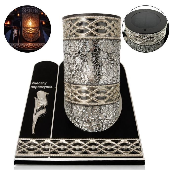 Znicz Solarny LED SREBRNY Witraż Mozaika Lampion Na Grób cmentarz