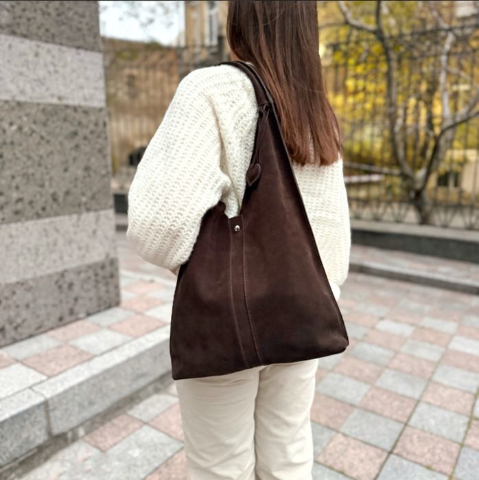 Сумка шопер "Лінда", натуральна замша, коричневий колір, шоколадний