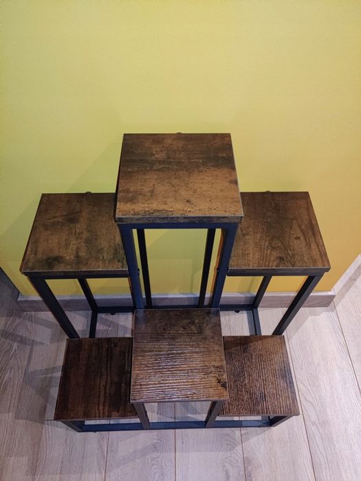 Kwietnik metalowy, 6 półek, czarny + postarzany dąb, styl loft, 67 cm