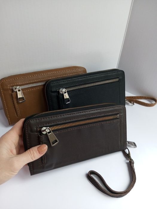 Кошелёк кожаный мужской на молнии чёрный/коричневый