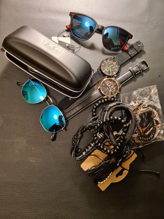 Zestaw męski – zegarki, okulary przeciwsłoneczne + branso