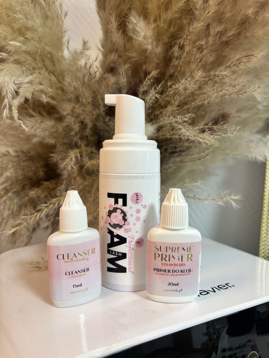 Zestaw do przedluzania rzes cleaner primer pianka foam pink Moemi