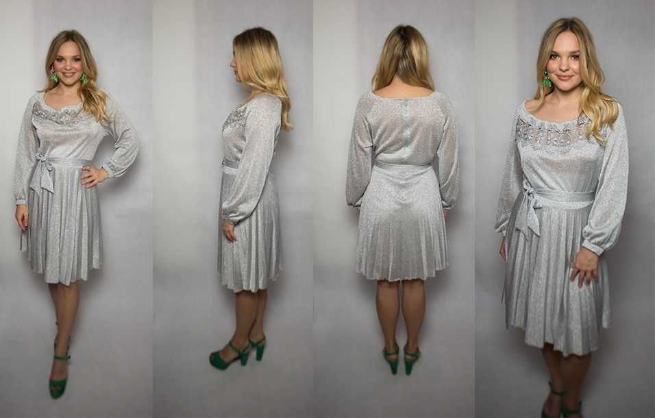 srebrna sukieka lata 70 vintage plisy