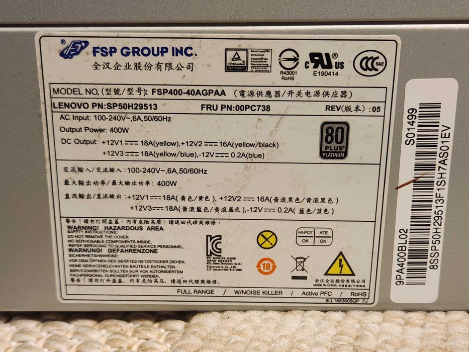 Zasilacz Lenovo ThinkServer ThinkCentre ThinkStation 400W FSP400