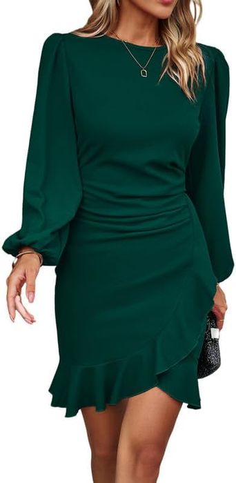 Women's Green Bodycon Mini Dress - Puff Sleeves, Ruffle - XL