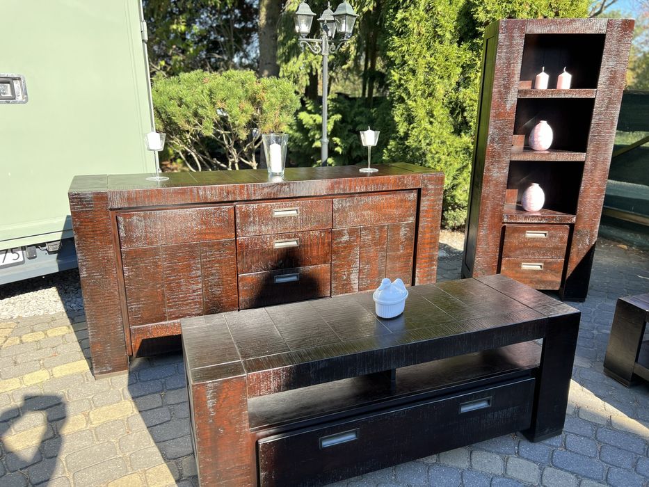 Zestaw mebli drewnianych – komoda + witryna + stół + ława + RTV-