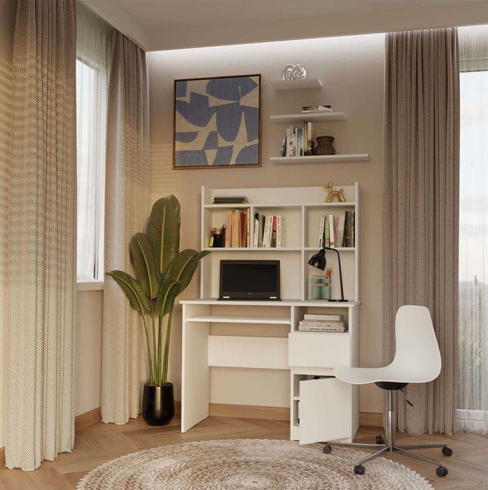 Biurko PORTO Lewe/Prawe Z Nadstawką Szuflada Półki Do Biura BIAŁE