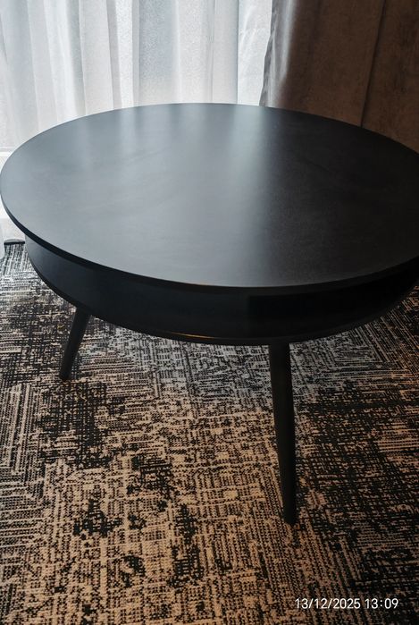 okrągły stolik ława kawowa, 70 cm czarny mat z półką