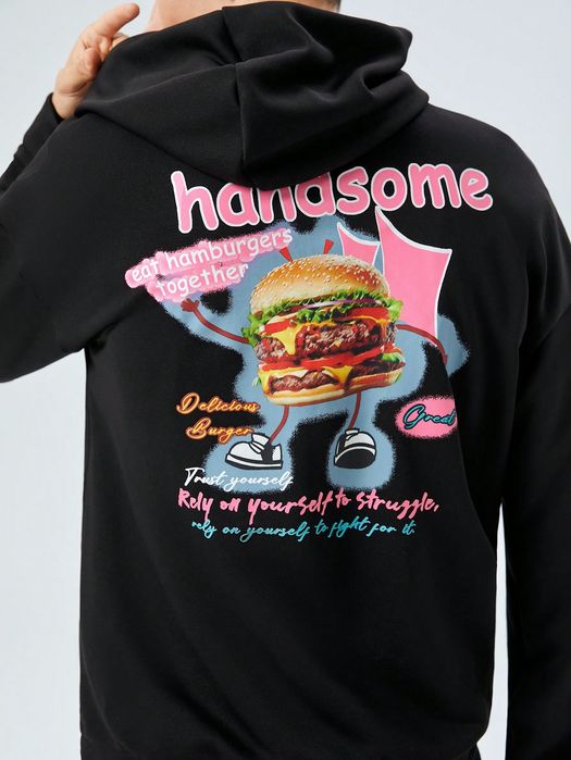 Bluza Męska Z Kapturem Nadruk Na Plecach Hamburger Casual Shein L