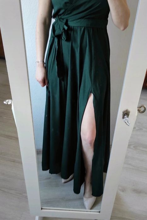 Nowa z metką ciemnozielona sukienka maxi dekolt v rozcięcie na nogę M