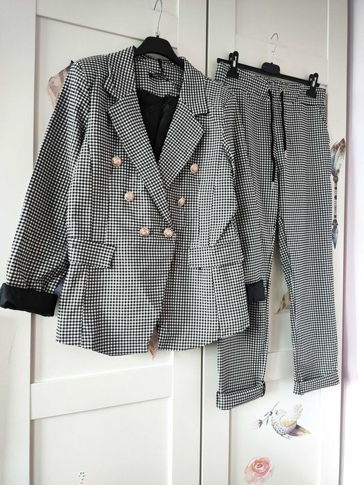 Elegancki garnitur krata cygaretki + marynarka dzianina 42 44