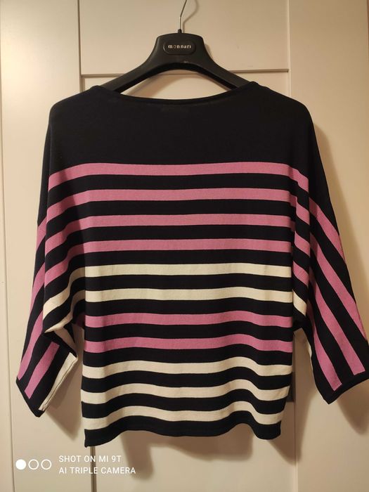 NOWY granatowy sweter nietoperzowy w paski z wiskozy rękawy ¾ Orsay S