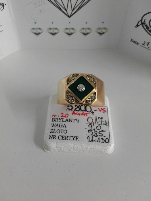 Złoty piękny sygnet z agatem i brylantami złoto 585 rozmiar 20   476