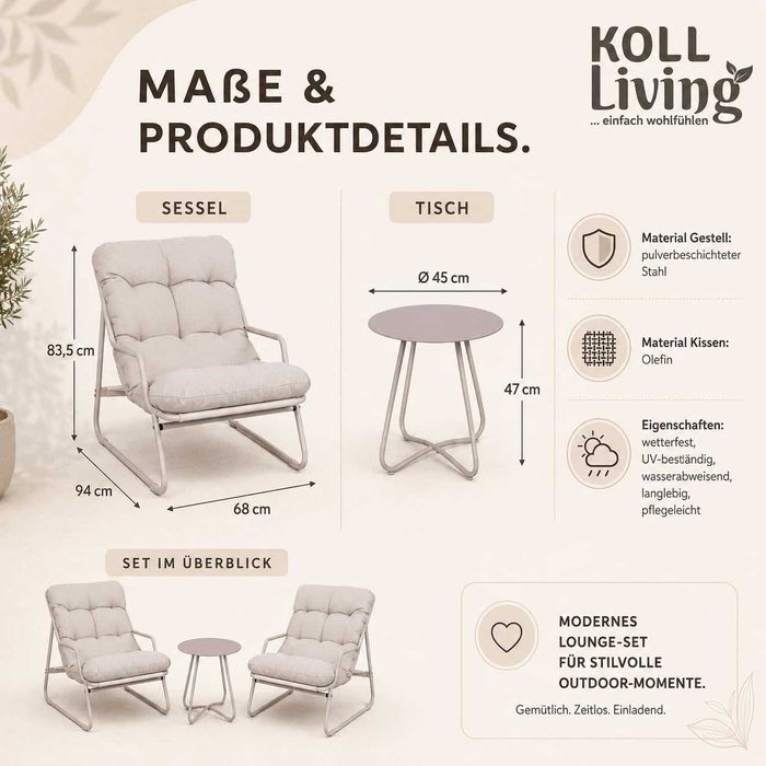 Koll Living Lara – nowoczesny zestaw mebli ogrodowych 2+1 | beżowy