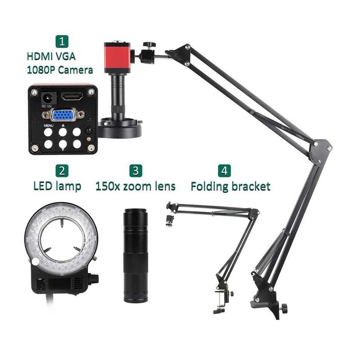 Mikroskop przemysłowy z zoomem 150X do elektroniki, 13MP Kamera Full HD z HDMI i portem VGA.