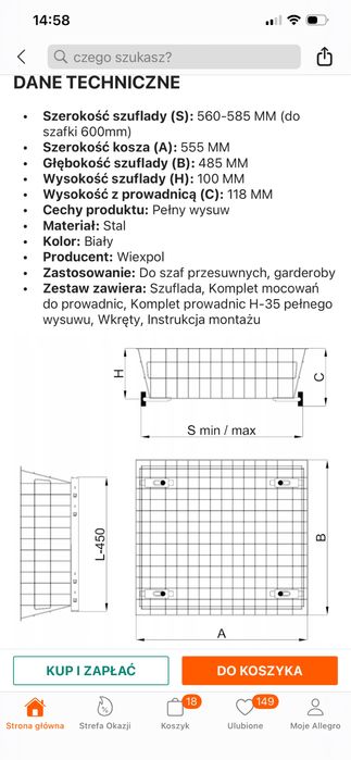 Kosz szuflada do szafy, garderoby 60