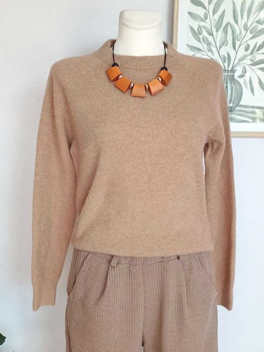 Brązowy karmelowy sweter z wełną baby alpaca miękki jednolity jesień zima wiosna Made in Italy