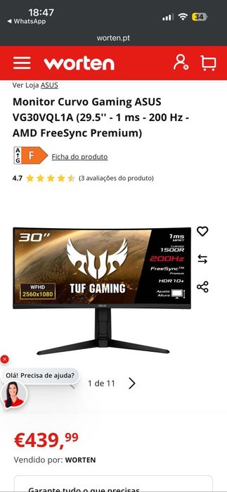 Monitor curvo gaming ASUS