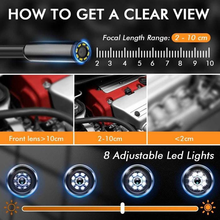 Kamera endoskopowa z podświetleniem, 20 m, 1080P HD, bez Wi-Fi, IP67