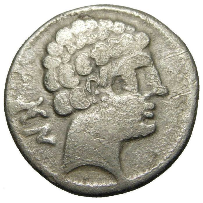 Moeda Ibérica, Denário de Bolscan (Huesca, Espanha),  150-100 aC.