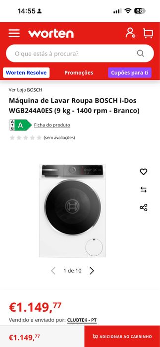 Máquina de Lavar Roupa BOSCH i-Dos WGB244A0ES (9 kg - 1400 rpm