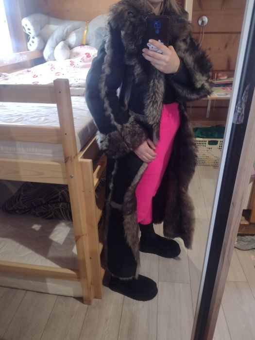 Kożuch futro touche naturalne włoskie zamsz granat m