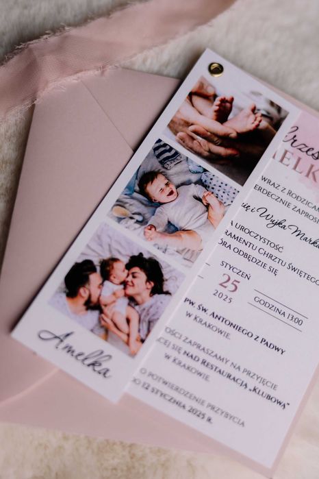 zaproszenie na chrzest ze zdjęciami dziecka róż