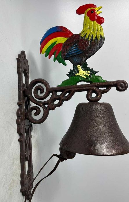 Piękny duży DZWON KOGUT kolorowy piejący dzwonek żeliwo