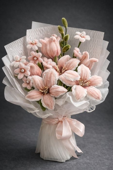 Ręcznie robiony bukiet dekoracyjny – pudrowy róż, kwiaty materiałowe ?