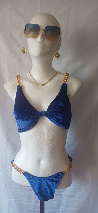 Strój kąpielowy SHEIN welurowy niebiesko-złoty bikini NOWY