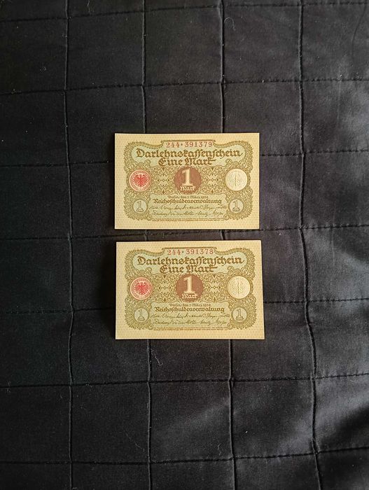 1 marka (Darlehnskassenschein) 1920, banknot, Niemcy, 2 sztuki.