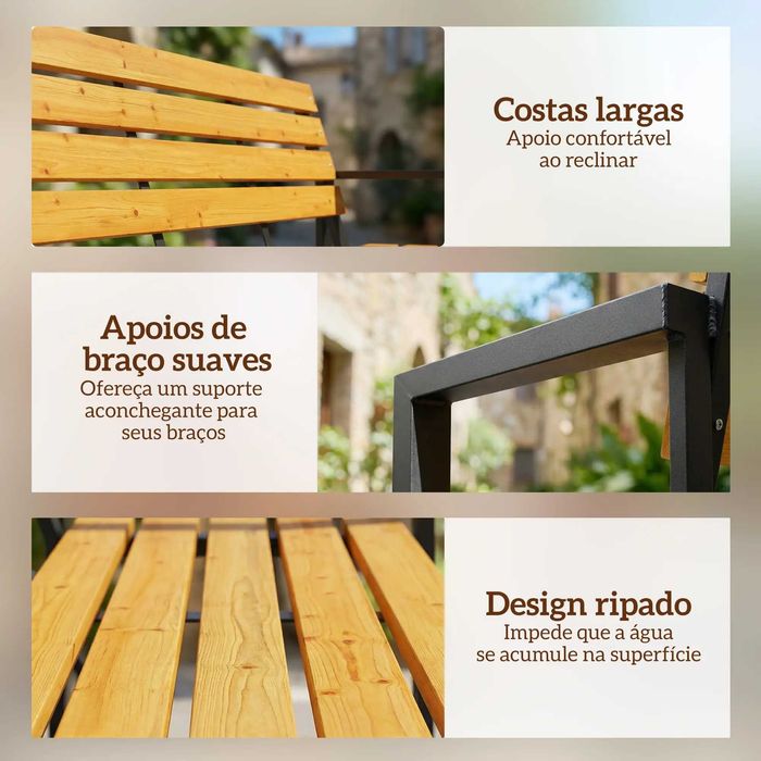 Banco de Jardim Exterior de 2 Lugares com Encosto e Assento Ripado em Madeira