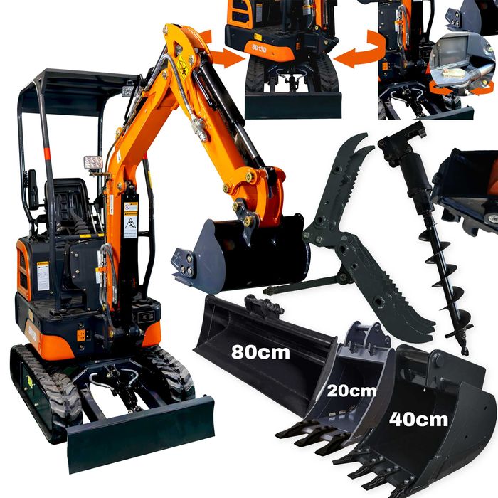 Minikoparka Ładowarka ETB-SD13D 1T 1024KG + 3 Łyżki + Wiernica + Chwytak Hydrauliczny + Szybkozłącze + Akcesoria | RAMIĘ SKRĘTNE , PEŁNY OBRÓT