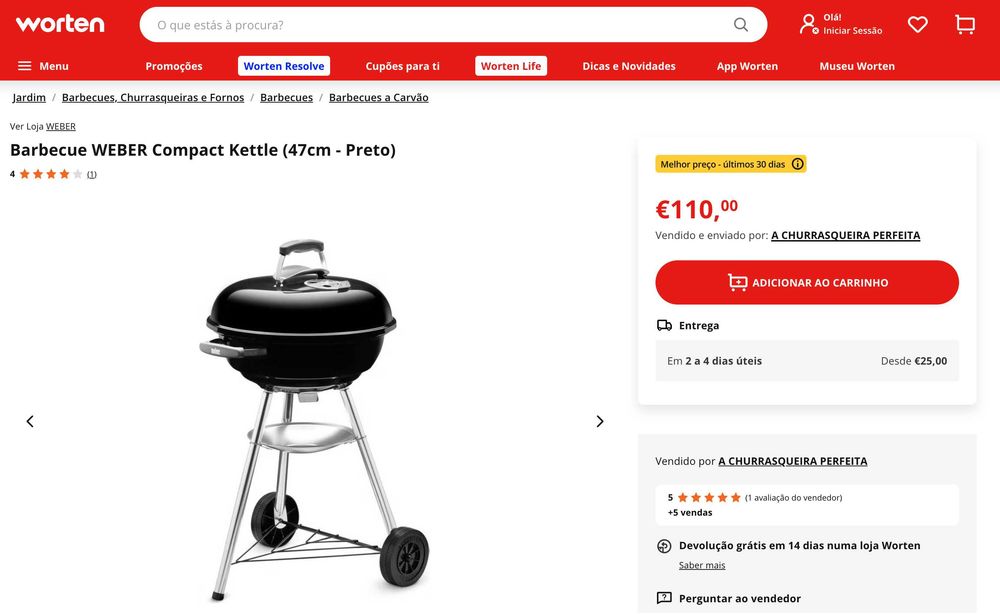 Grelhador Weber Compact Kettle 47 cm + chaminé + acessórios