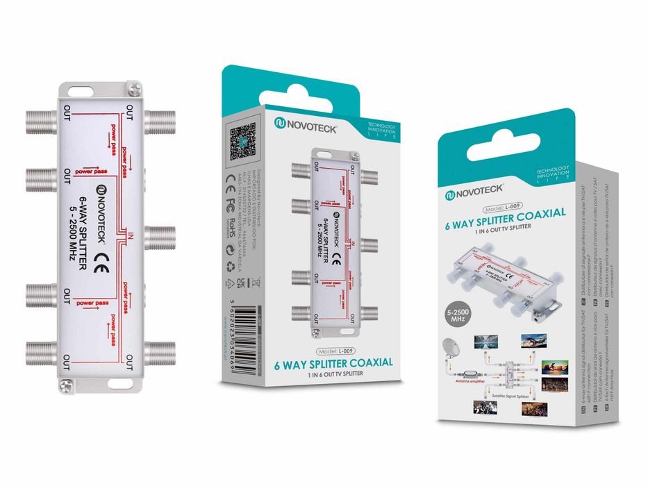 Divisor Coaxial de 6 Vias NOVOTECK L-009 - 5-2500 MHz, Power Pass, Con