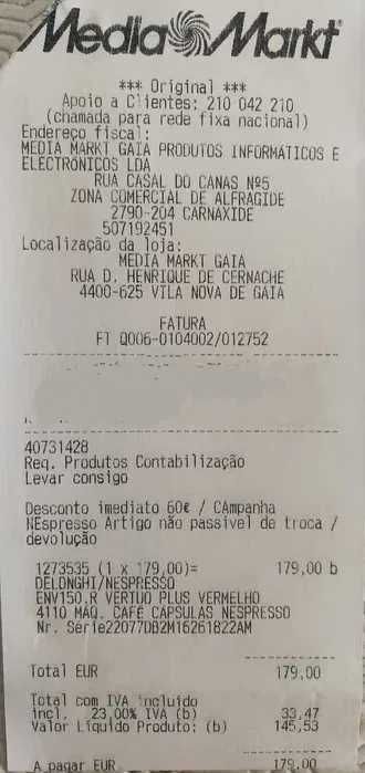 Máquina café Nespresso Delonghi Automática Vertuo PLUS Vermelha