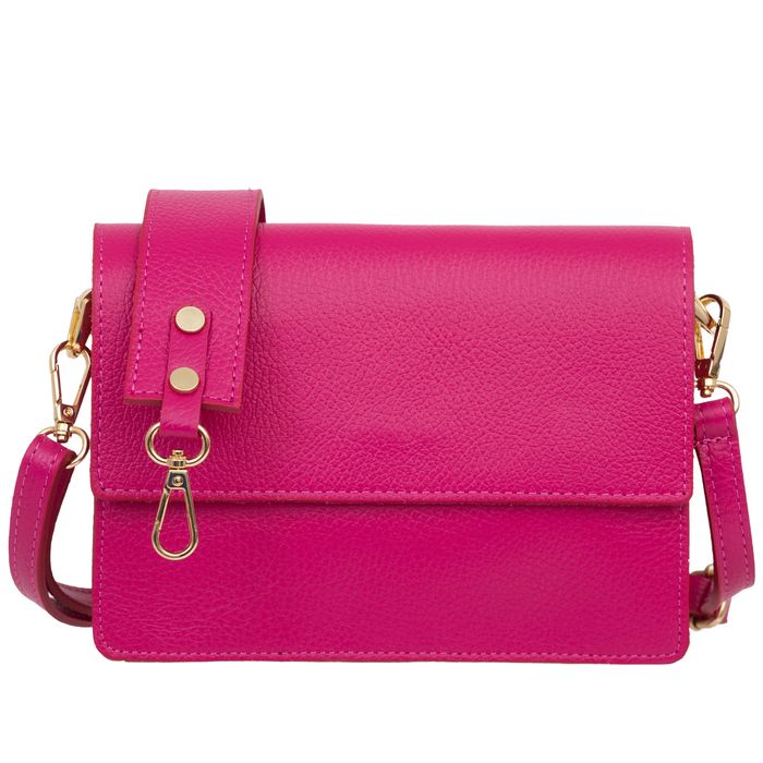 VERA PELLE torebka skórzana listonoszka z klapą i paskiem V606 fuksja