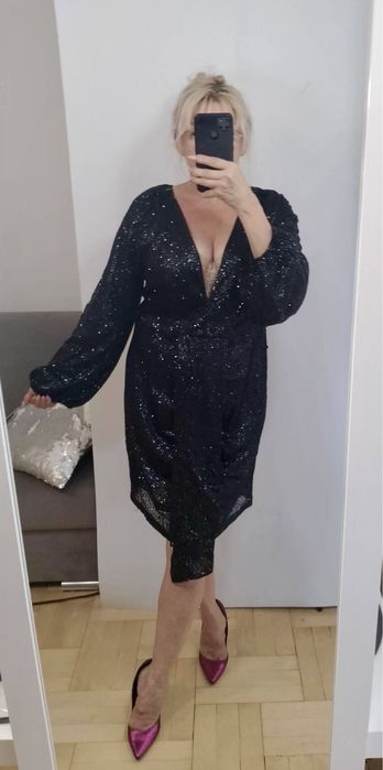 Piękna czarna brokatowa mini sukienka 44/46