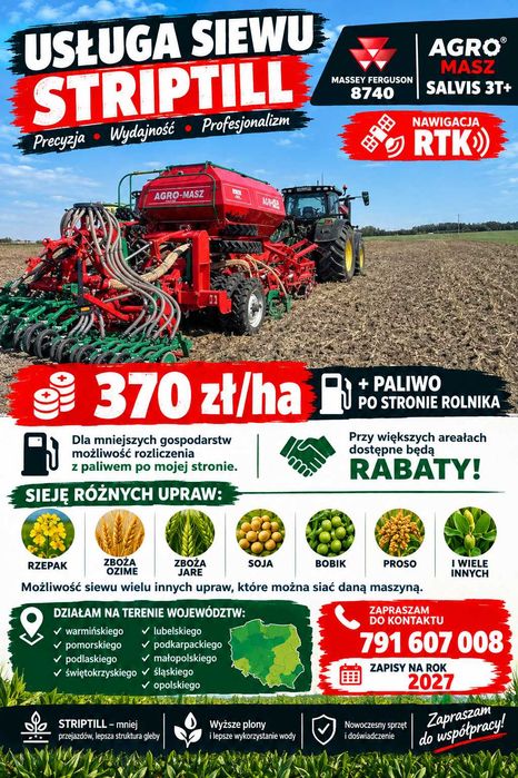 Oferuję profesjonalne usługi siewu metodą STRIP-TILL