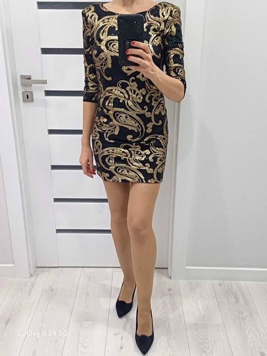 Sukienka cekinowa czarno-zlota. Rozmiar S. Bal/Andrzejki/Sylwester