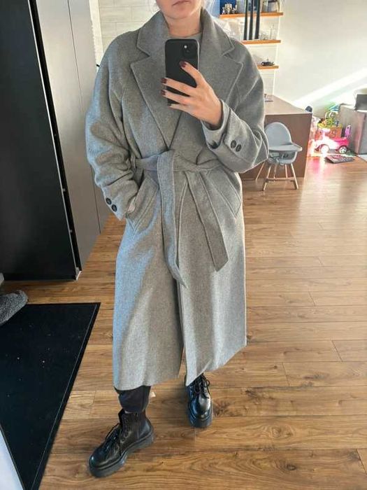 Płaszcz Zara wełna wełniany szary wiązany z paskiem rozm L