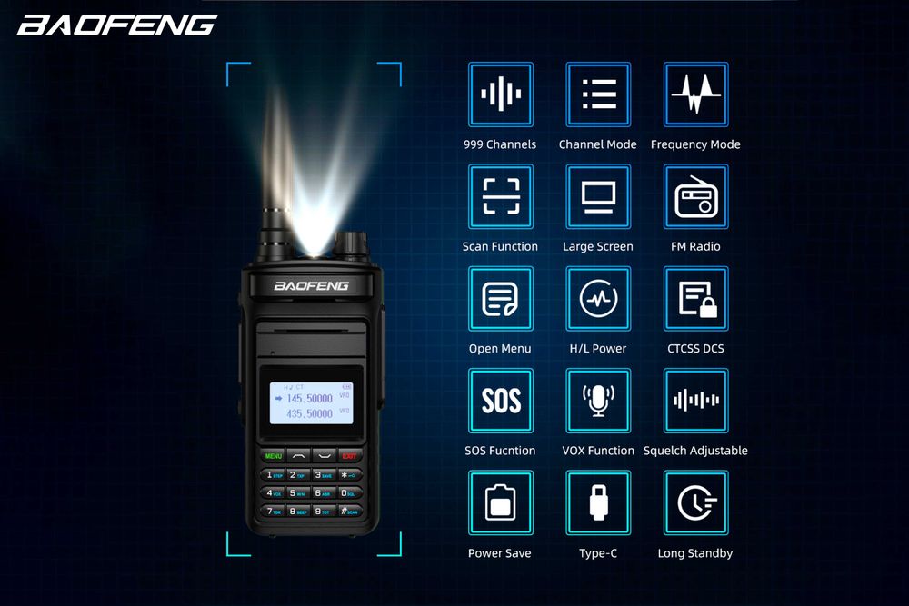 Rádio Baofeng 999 canais 10watts carregamento USB tipo-c