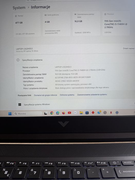 Laptop HP VICTUS 16-D0543NW i5-11400H 16/512GB RTX3050
